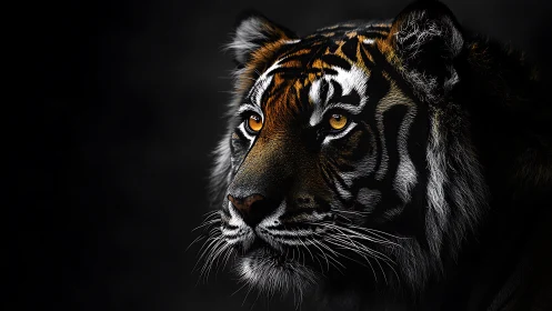 Gazing tiger portrait in dramatic low key lighting profile.