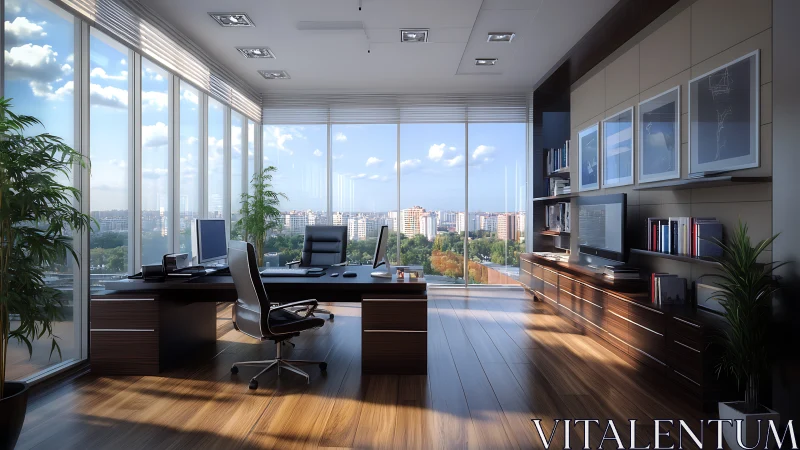 Modern executive office with city view and sleek decor.