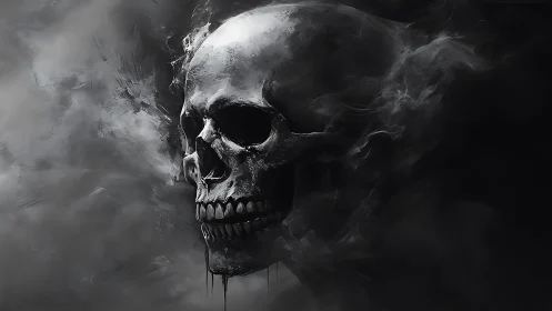 Monochrome human skull emerging within dense smoke cloud.