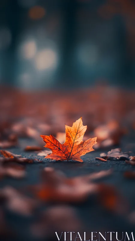 Solitary ember leaf quietly crowns a blurred autumn street
