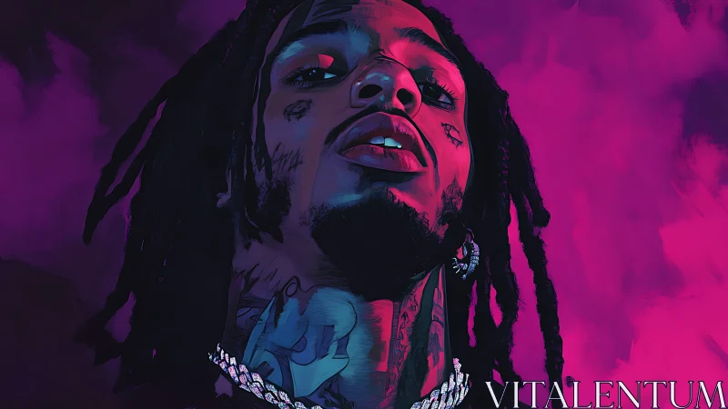 Low angle neon portrait of tattooed rapper in magenta haze