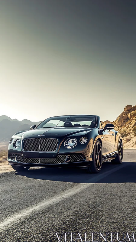 Luxury black cabriolet on sunlit desert highway. Period.