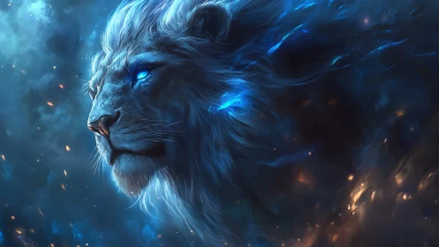 Starlit lion drifts through cosmic tides with burning blue eyes