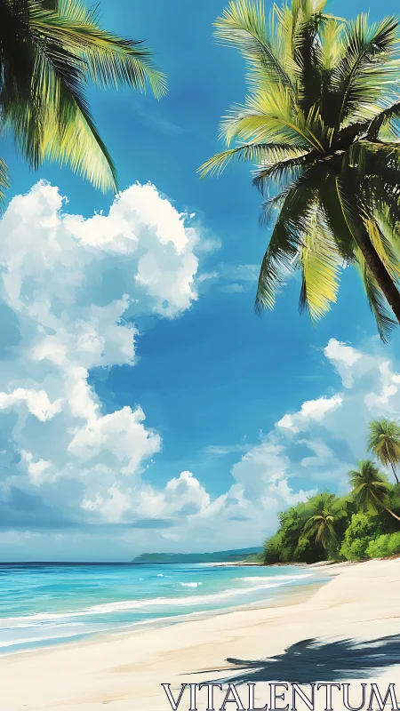 Tropical beach with palm trees, white sand, turquoise water beneath clear blue sky.