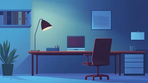 Minimal home office desk with computer in blue lighting.