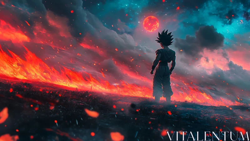 Stargazing warrior beneath a blazing cosmic horizon.