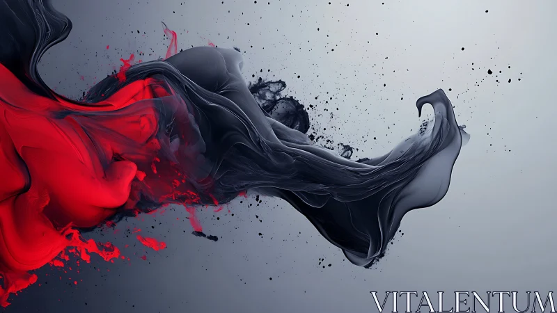 Red and black liquid forms in suspended digital abstraction.