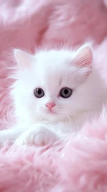 Fluffy White Kitten Gazing Through Dreamy Pink Clouds.