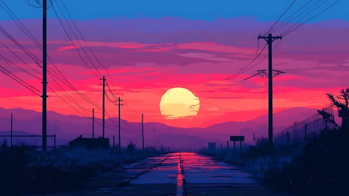 Digital painting of sunset highway with silhouetted power lines.