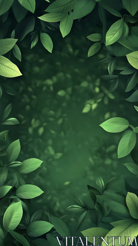 Green leaves frame soft blurred forest-inspired background