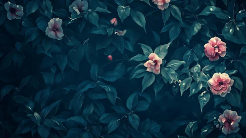 Coral Blooms in Deep Teal Garden Magic.