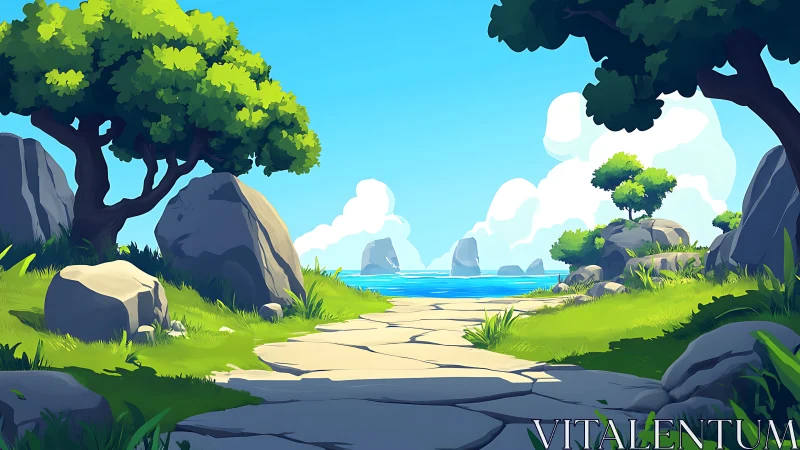 Coastal Landscape with Verdant Trees and Stone Pathway