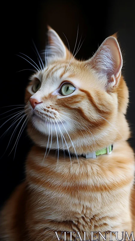 Ginger Tabby Cat Portrait with Green Collar Against Dark Background.