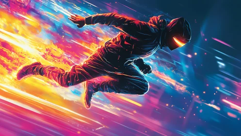 Hooded runner figure moves through neon motion streak field