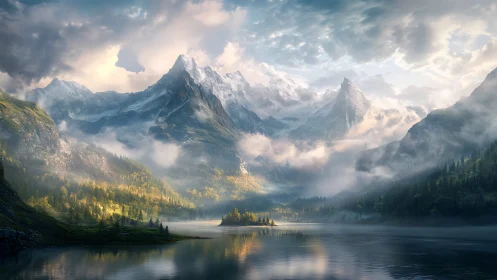 Atmospheric alpine massif with volumetric fog over still lake.