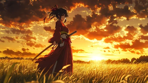 Samurai girl stands in sunset field with drawn katana.