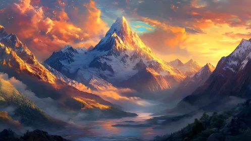 Sunlit crown of snowlit peaks over whispering valley river.