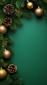 Golden Christmas baubles frame deep green festive background.