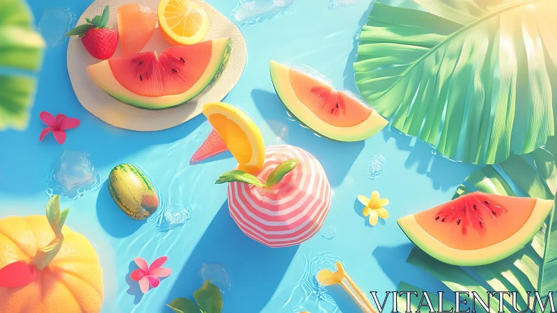 Vibrant summer poolscape with stylized fruit and sunlight.