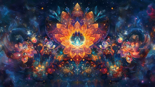 Cosmic lotus blooms radiate neon light across deep space.
