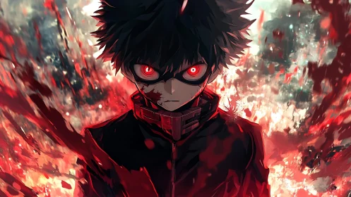 Intense red eyed anime figure framed by turbulent energy and debris
