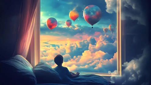 Child on bed viewing hot air balloons above clouds window.