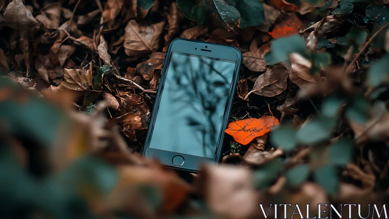 Smartphone Abandoned in Nature Among Fallen Leaves.