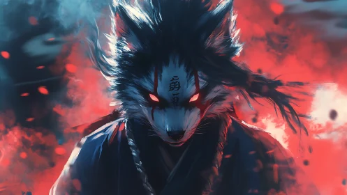 Demonic kitsune warrior in red-blue atmospheric turbulence.