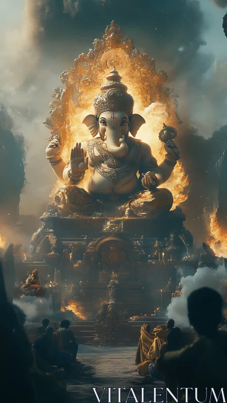 Majestic Ganesha statue glows amid firelit temple haze