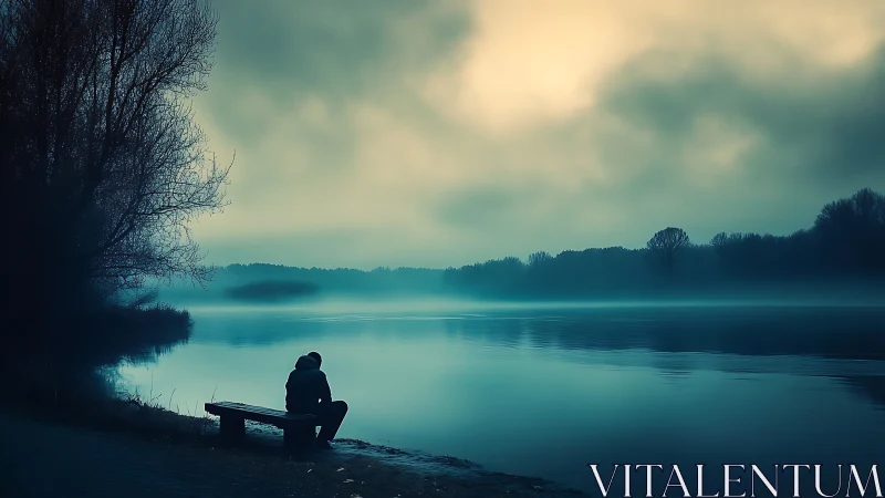 Solitary figure by misty lake under cyan twilight sky.