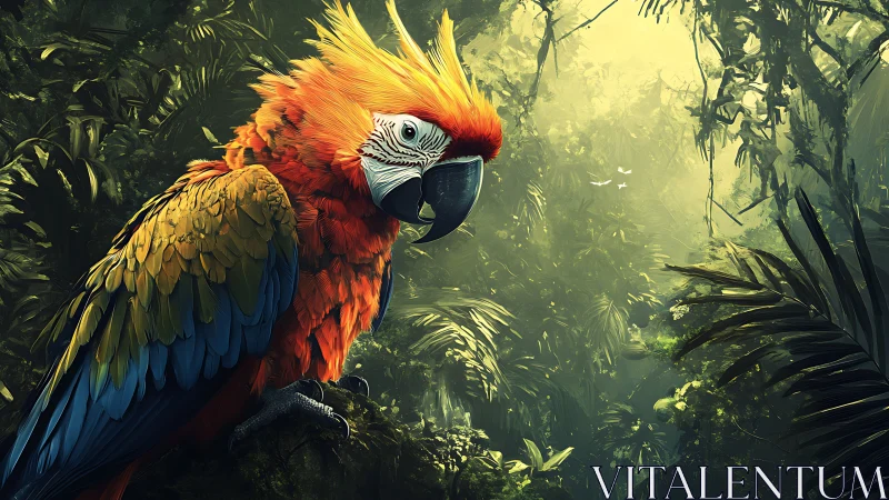 Spectral macaw portrait in volumetric jungle lighting.