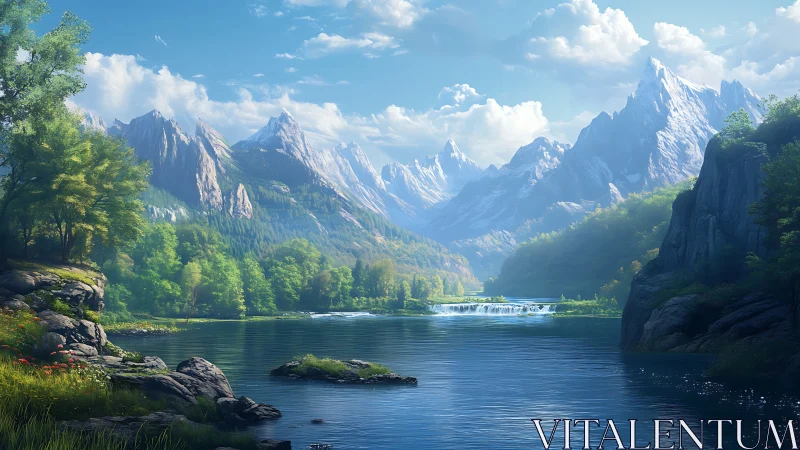 Digital landscape render depicts lake, forest and snow peaks