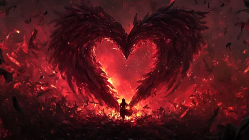 Dark feathered wings form a fiery red heart silhouette.