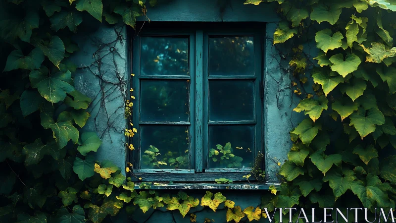 Emerald vines quietly reclaim an old teal cottage window