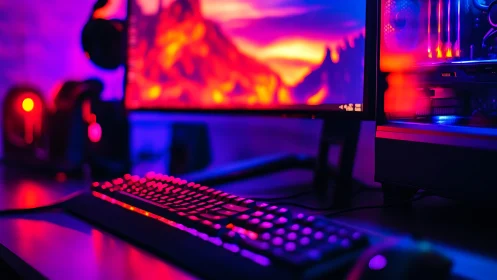 RGB backlit gaming keyboard on desk in dark setup