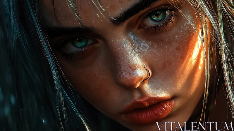 Intense digital portrait of freckled woman in sunset light.