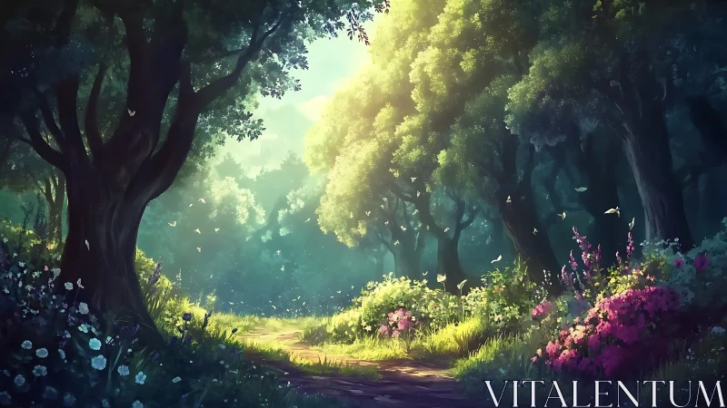 Enchanted Forest Path Bathed in Golden Sunlight
