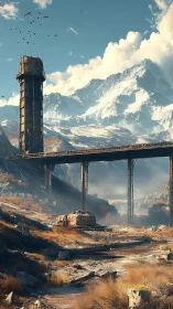 Rust tower overlooks snow peaks and derelict rail line.