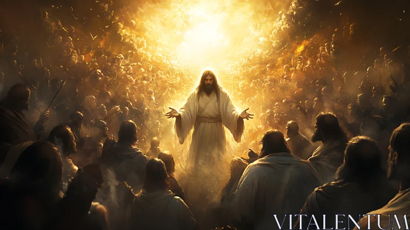 Central robed figure addressing dense crowd in bright haloed light.