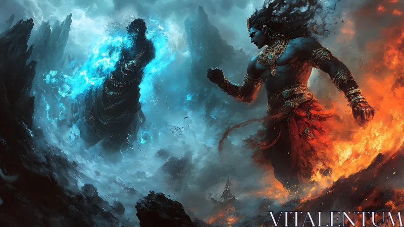 Mythic elemental figures confronting in fire and ice landscape.