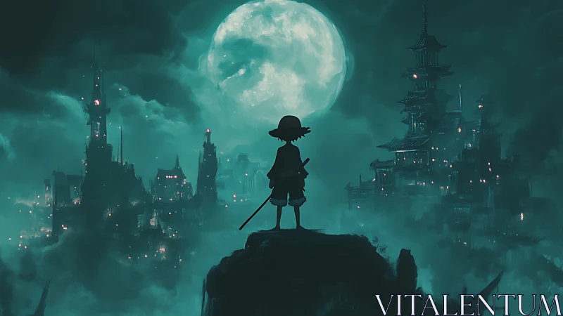 Silhouetted wanderer studies moonlit twin cities at night