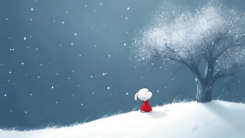 Quiet snowfall with red-cloaked character beneath winter tree.
