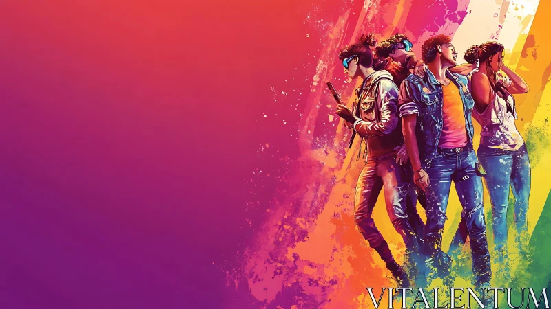 Neon-clad youth stand in vaporwave gradients with dynamic splatter