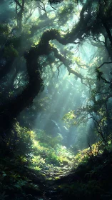 Enchanted forest pathway with divine light rays penetrating dense canopy