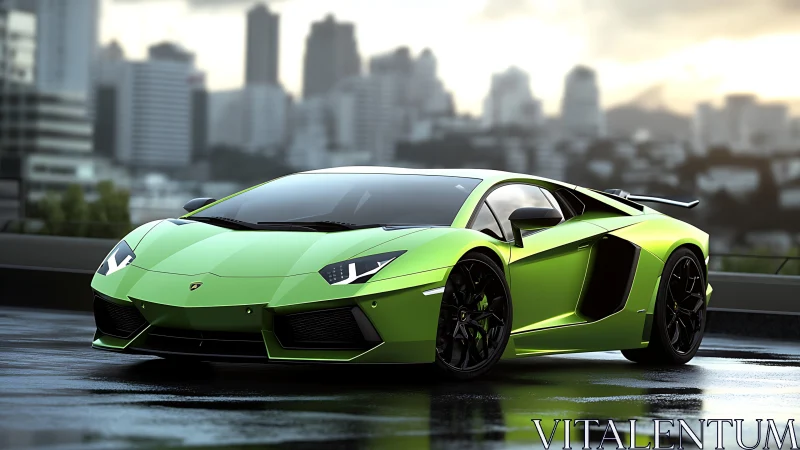 Neon green supercar on wet rooftop in urban skyline light.