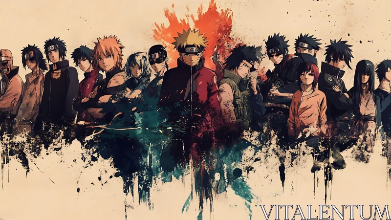 Naruto inspired ninja lineup with bold ink splatter art.