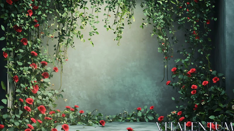 Crimson roses frame secluded emerald garden alcove wall.