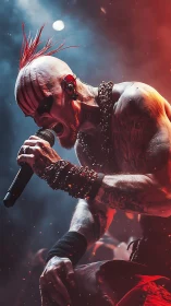Tattooed metal vocalist screams under molten stage light.