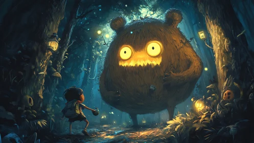 Child meets glowing forest monster in midnight lantern woods.