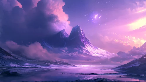 Violet twin peaks rise over luminous alien shoreline.